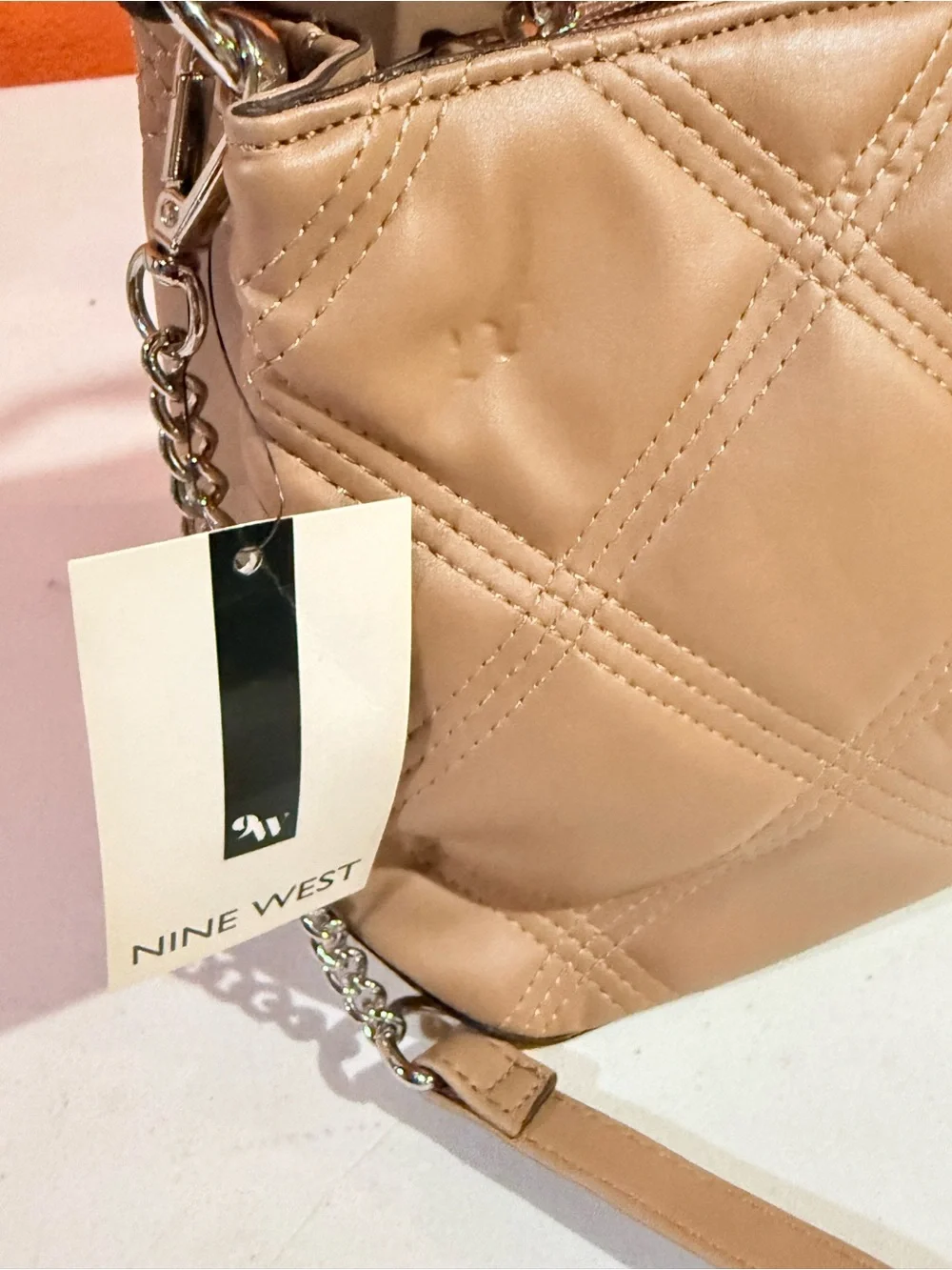 Nine West Quilted Shoulder Bag in Tan with Chain Accent